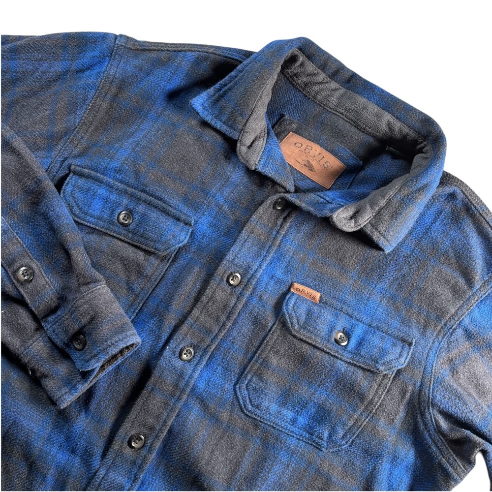 Orvis Mens Blue Grey Plaid Button Down Shacket Flannel Shirt Sz M Hiking Fishing
